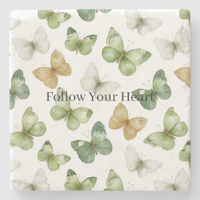 Green Tan White Butterflies Stone Coaster (Front)