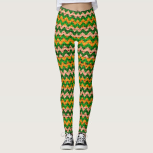 Green Tan Yellow Chevron Pattern Burlap Look Leggings
