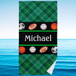 Green Tartan Basketball Baseball Football Soccer  Beach Towel