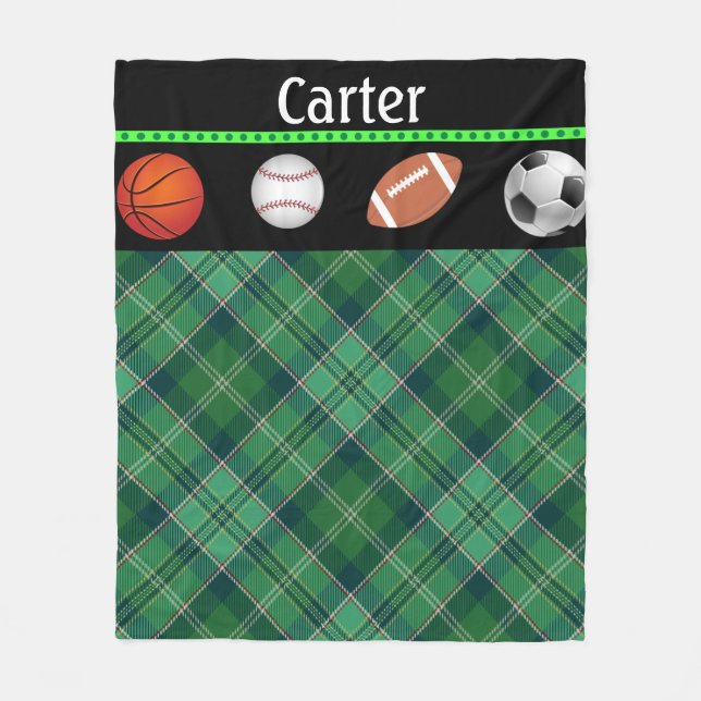 Green Tartan Basketball Baseball Football Soccer Fleece Blanket (Front)