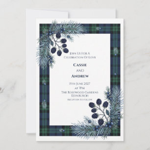 Green Tartan Blackberry Juniper Scottish Wedding Invitation