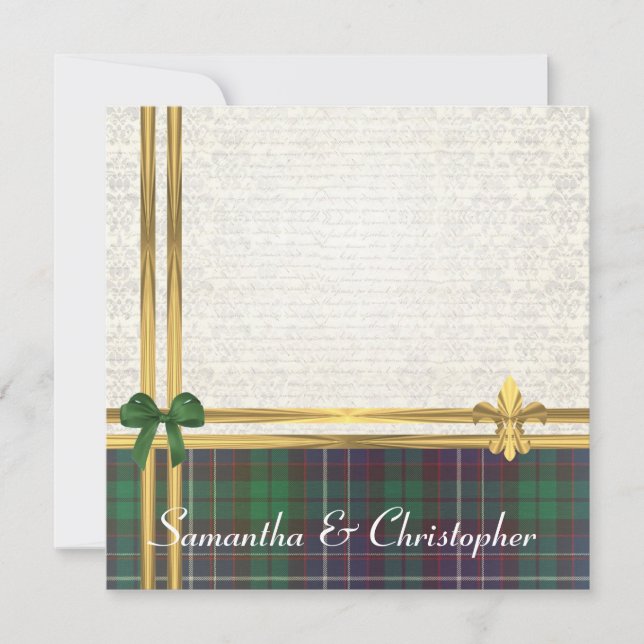 Green tartan  & gold ribbon with white  damask invitation (Front)
