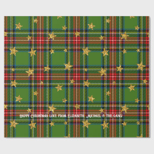 Green Tartan Gold Star Personalized Christmas Wrapping Paper