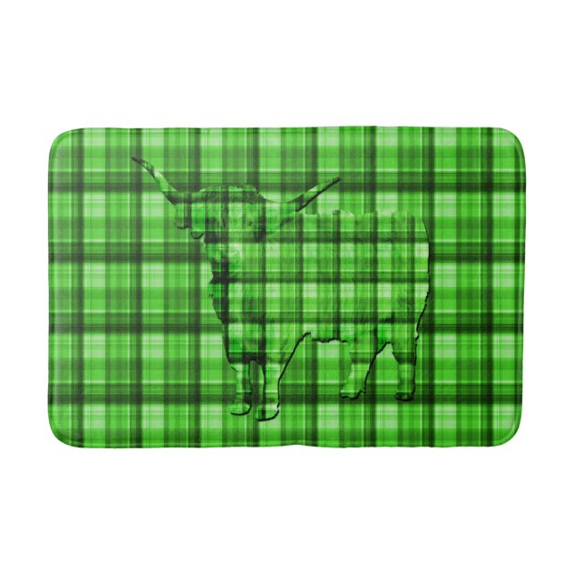 Green Tartan Highland Cow, Memory Foam Bathmat (Front)