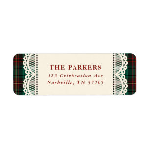 Green Tartan Lace Frame Christmas Return Address Label