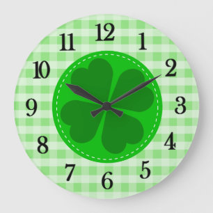 Green Tartan Pattern and Clover Lucky Large Clock