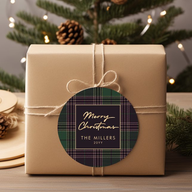 Green Tartan Plaid Buffalo Plaid Modern Elegant Classic Round Sticker (Green Tartan Plaid Buffalo Plaid Modern Elegant Classic Round Sticker)