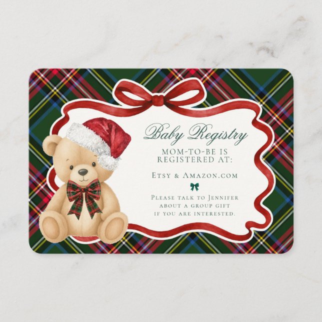 Green Tartan Plaid Christmas Bear Baby Registry Enclosure Card (Front)