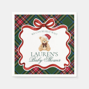 Green Tartan Plaid Christmas Bear Baby Shower Napkin