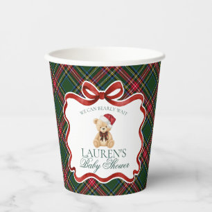 Green Tartan Plaid Christmas Bear Baby Shower Paper Cups