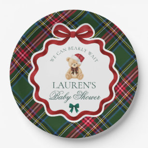 Green Tartan Plaid Christmas Bear Baby Shower  Paper Plate