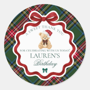 Green Tartan Plaid Christmas Bear Birthday Favor Classic Round Sticker