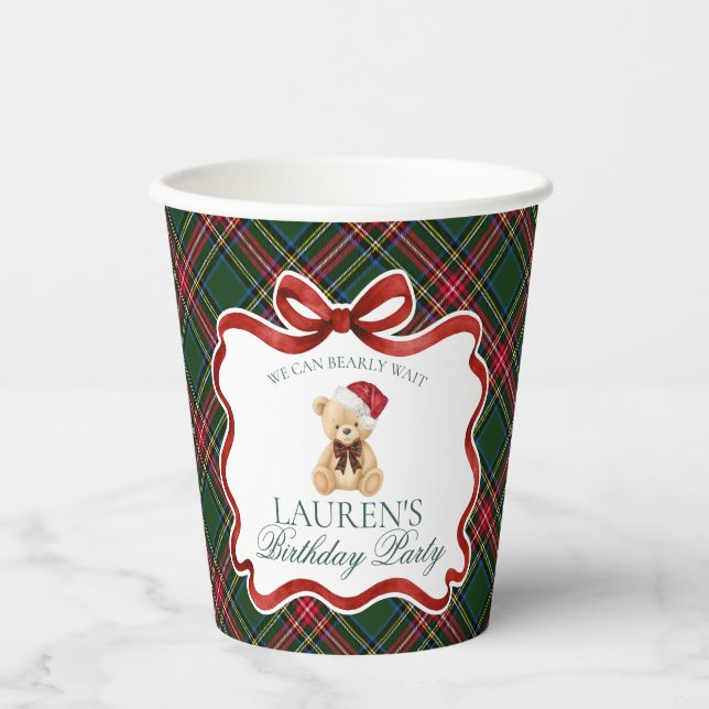 Green Tartan Plaid Christmas Bear Birthday Party Paper Cups (Front)