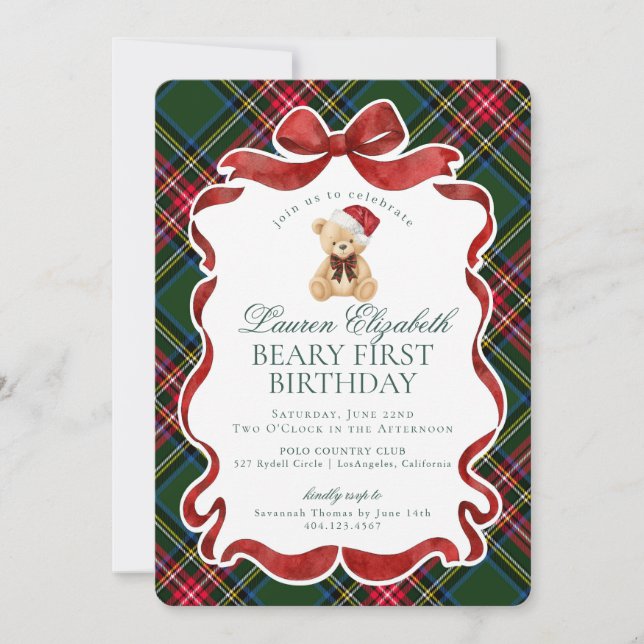 Green Tartan Plaid Christmas Beary First Birthday Invitation (Front)