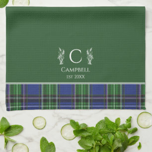 Green Tartan Plaid Custom Name Monogram Tea Towel