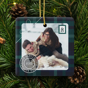 Green Tartan Plaid Delivery Parcel 2 Photo Family Ceramic Ornament
