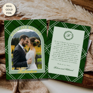 Green Tartan Plaid First Christmas Married Photo Foil Holiday Card