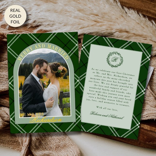 Green Tartan Plaid First Christmas Married Photo Foil Holiday Card (Creator Uploaded)
