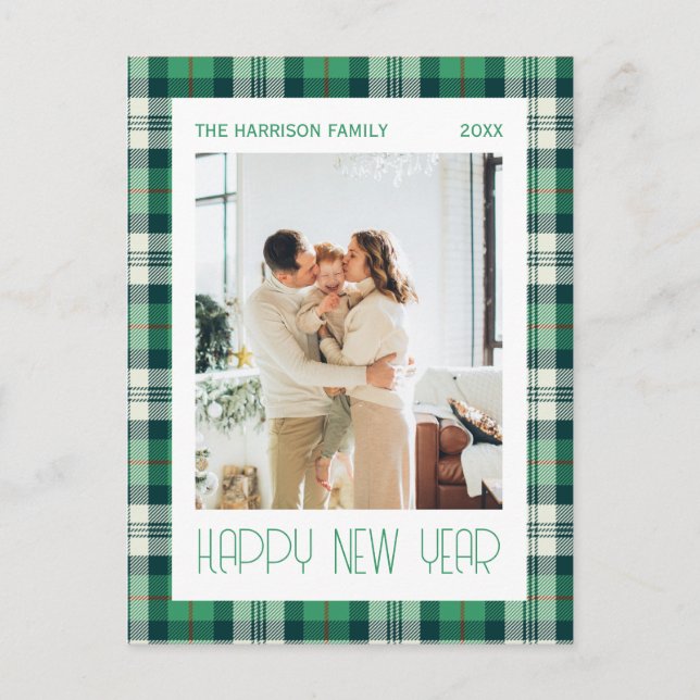 Green Tartan Plaid Happy New Year Photo Postcard (Front)
