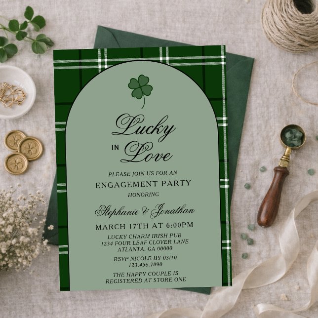 Green Tartan Plaid Lucky in Love Engagement Party Invitation (Creator Uploaded)