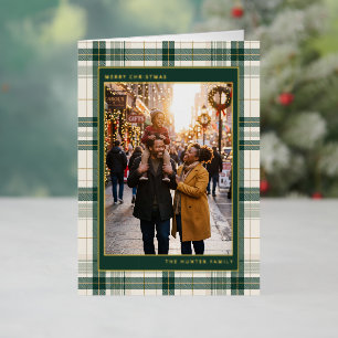 Green Tartan Plaid Merry Christmas Family Photo Foil Holiday Card