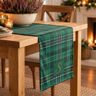 Green Tartan Plaid Monogram Short Table Runner