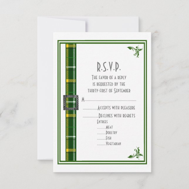 Green tartan plaid ribbon wedding R.S.V.P RSVP Card (Front)