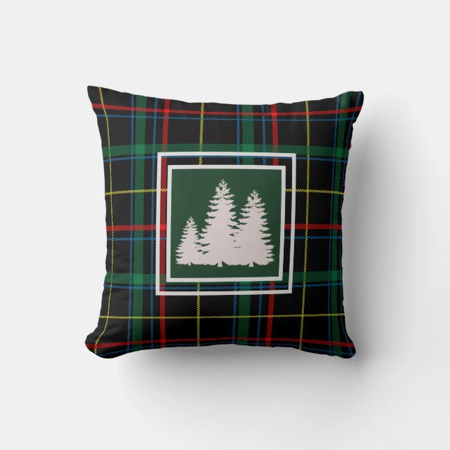 Green Tartan Plaid  white  Pine Tree  Silhouette Cushion (Front)