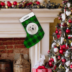 Green Tartan Plaid Winter Wreath Pet Dog Photo Small Christmas Stocking