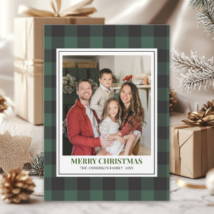 Green Tartan Plaid with Christmas Family Photo Holiday Card