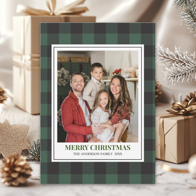 Green Tartan Plaid with Christmas Family Photo Holiday Card (Creator Uploaded)