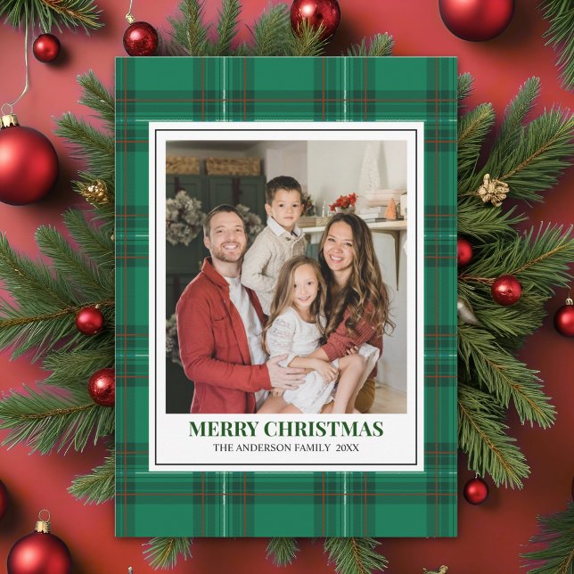 Green Tartan Plaid with Christmas Family Photo Holiday Card (Creator Uploaded)