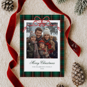 Green Tartan Red Bow Photo Holiday Card