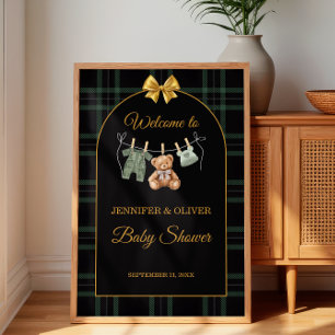 Green Tartan Teddy Bear Welcome to Baby Shower Poster