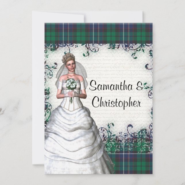 Green tartan wedding invitation (Front)