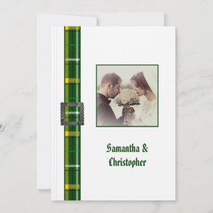 Green tartan wedding photo invitation