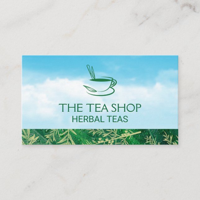 Green Tea | Clouds and Leaf Branches Business Card (Front)