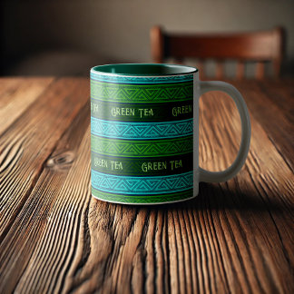 Green Tea Leafy Green & Aqua Blue Celtic Stripes Two-Tone Coffee Mug
