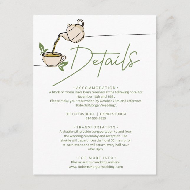Green Tea Party Wedding Details Enclosure Card (Front)