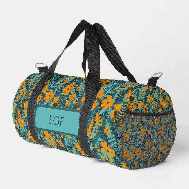 Green, teal and orange floral pattern monogrammed duffle bag (Right Corner)