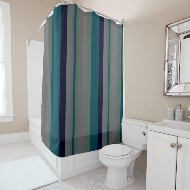 Green, Teal and pink Abstract Stripes Shower Curtain (In Situ)
