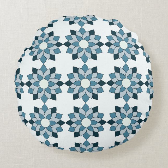 Green & Teal Bloom Geometric Floral Round Pillow (Front)