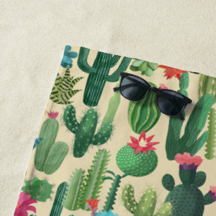 Green Teal Blooming Cacti Pattern Beach Towel