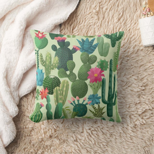 Green Teal Blooming Cacti Pattern Cushion (Blanket)