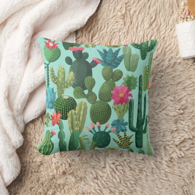 Green Teal Blooming Cacti Pattern Cushion (Blanket)