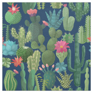 Green Teal Blooming Cacti Pattern Fabric