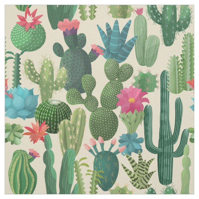 Green Teal Blooming Cacti Pattern Fabric (Swatch)