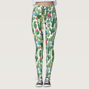 Green Teal Blooming Cacti Pattern Leggings