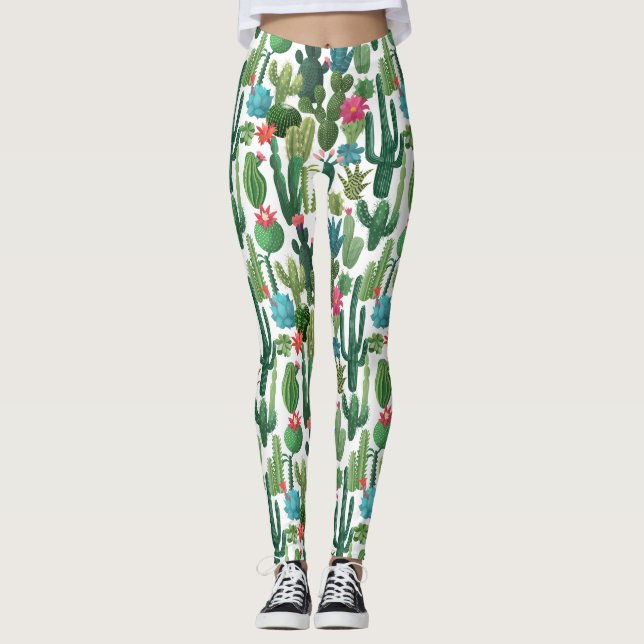 Green Teal Blooming Cacti Pattern Leggings (Front)