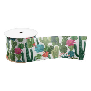 Green Teal Blooming Cacti Pattern Satin Ribbon